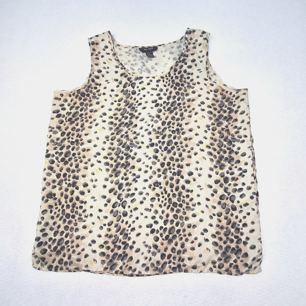Silk House Tank Top Womens Medium Tan Leopard Print 100% Silk Sleeveless Shell